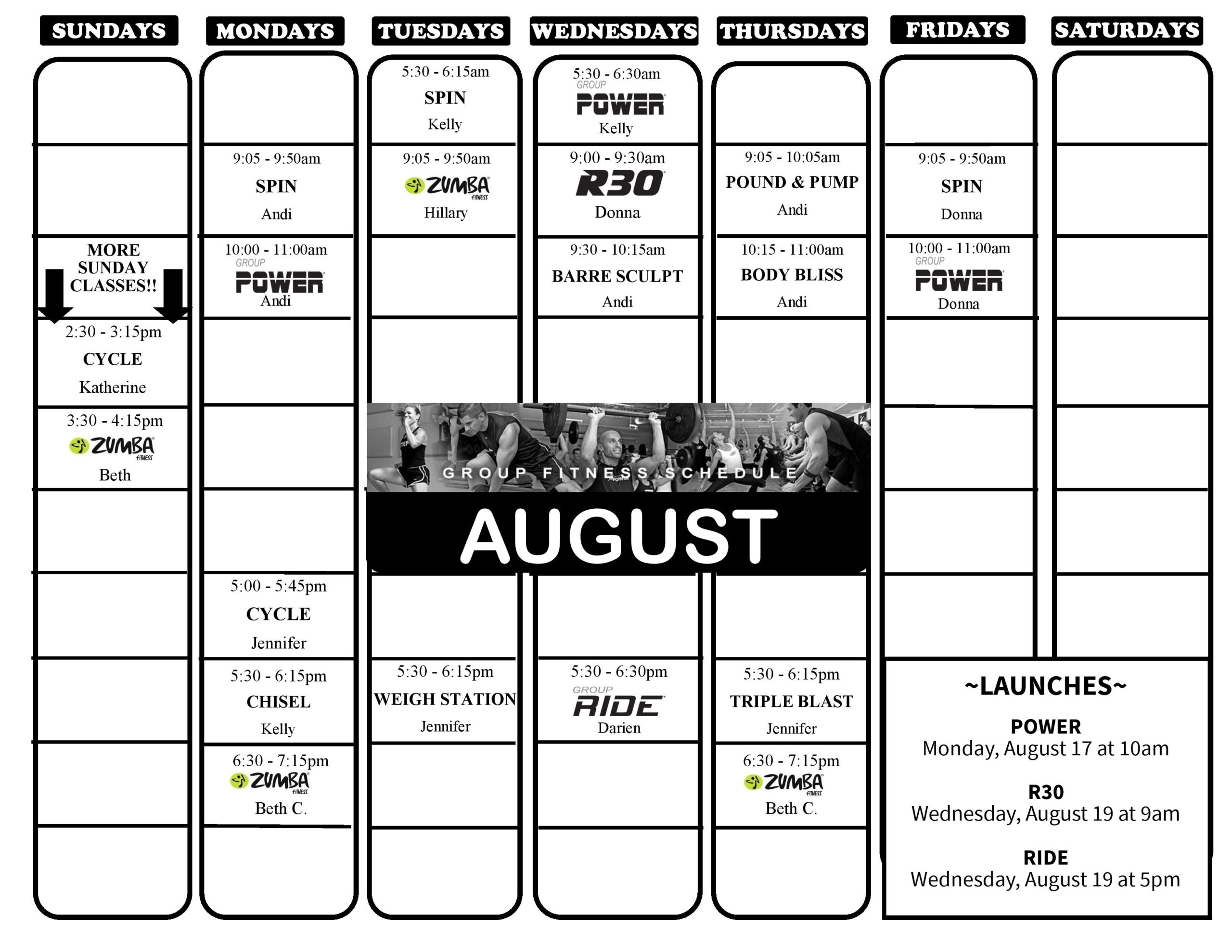 Anderson August Group Fitness Calendar