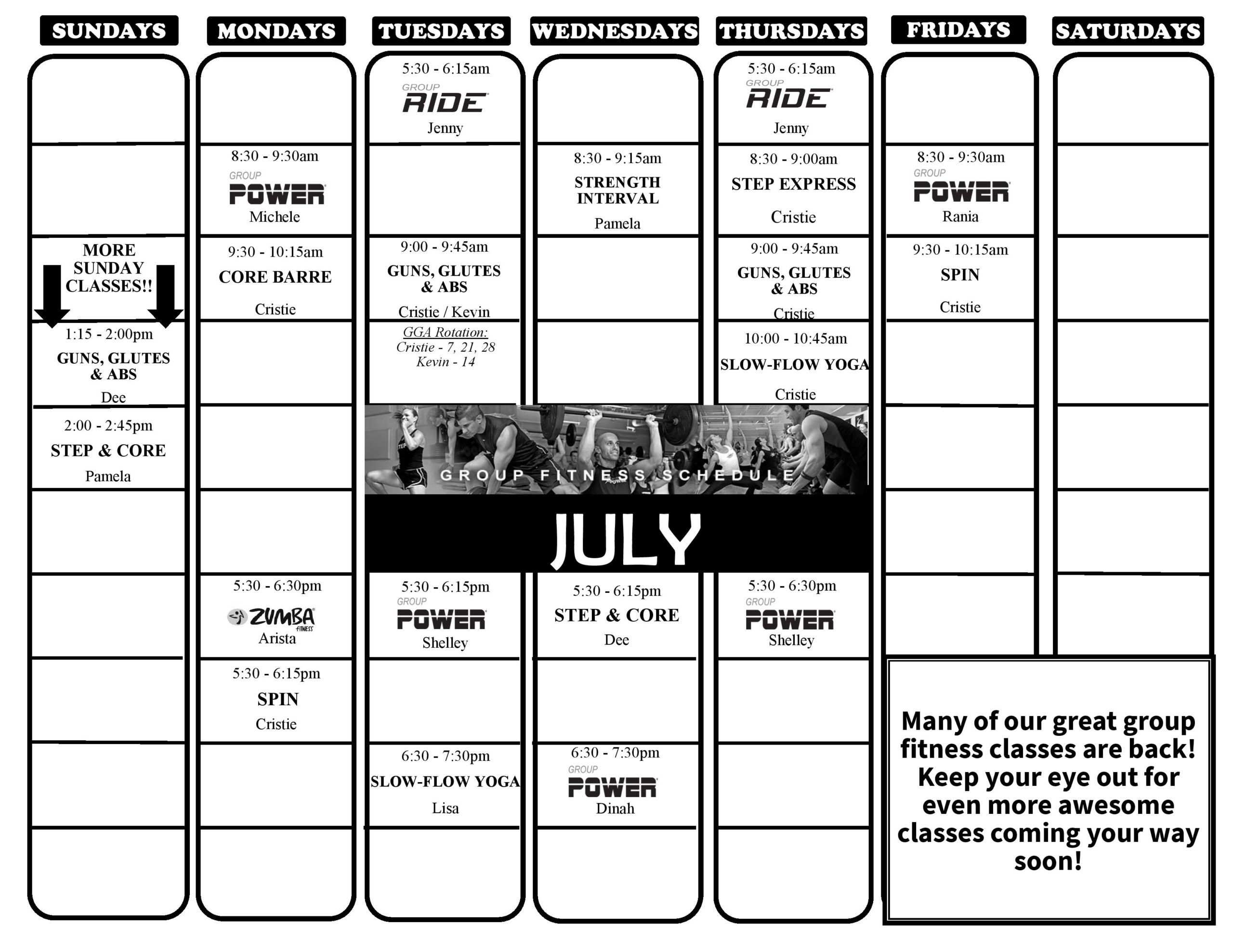 Spartanburg July Group Fitness Calendar